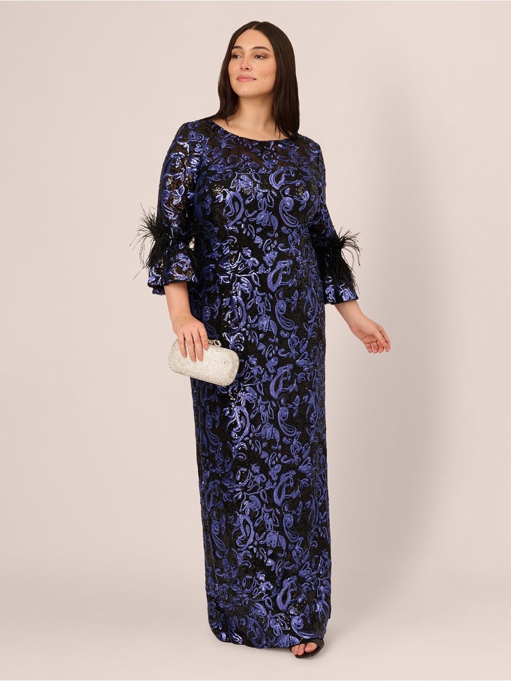Adrianna Papell Black and Royal Blue Velvet Burnout Maxi Gown with Feather Cuffs